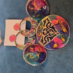 Artisan Made Colorful Swirl Decorative Enamelized Accent Pin  2 Pierced Earrings